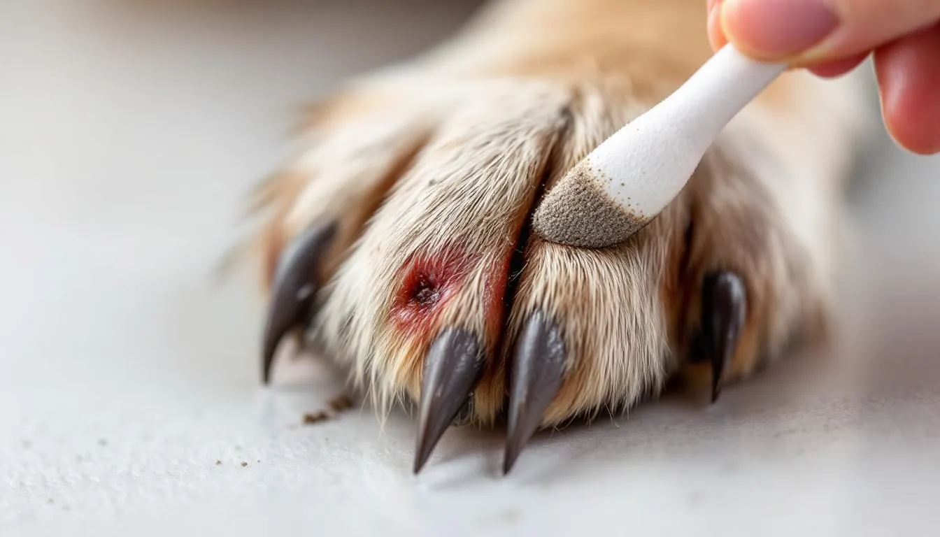 In the image, a person is applying styptic powder to a dog