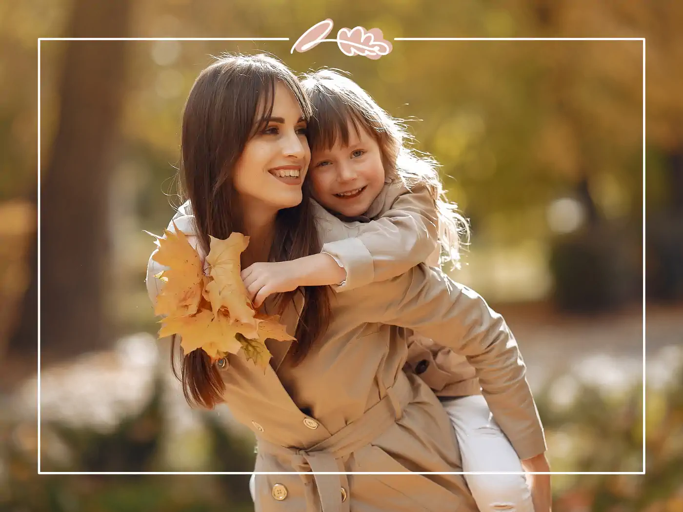 Mother giving her daughter a piggyback ride in the autumn park, fabulous flowers and gifts