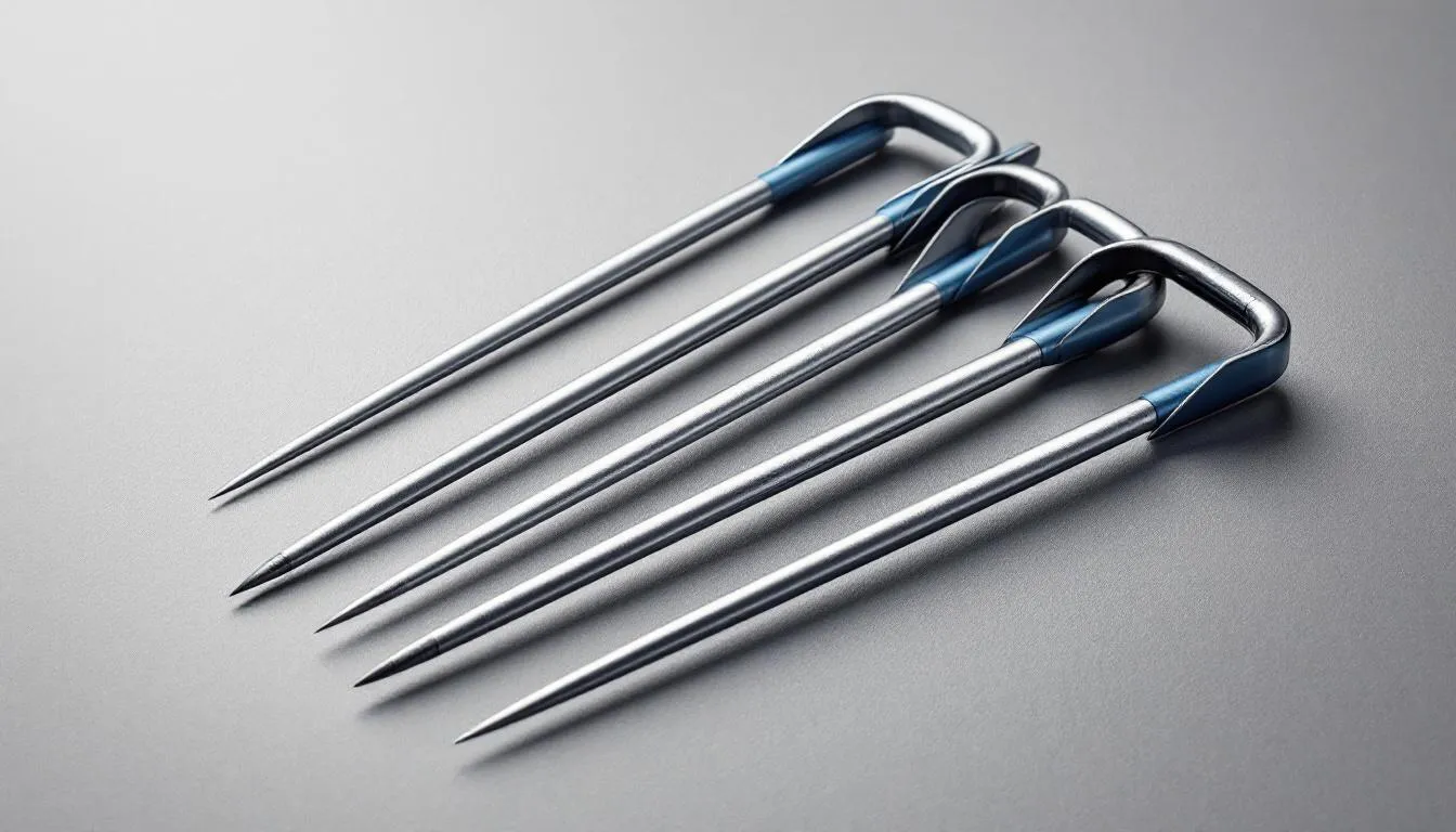 The image showcases a variety of best tent stakes, including durable aluminum stakes and MSR Mini Groundhogs, designed for securing tents in different terrains such as hard ground and loose sand. Each stake emphasizes holding power and lightweight performance, making them essential camping gear for anchoring your shelter effectively.