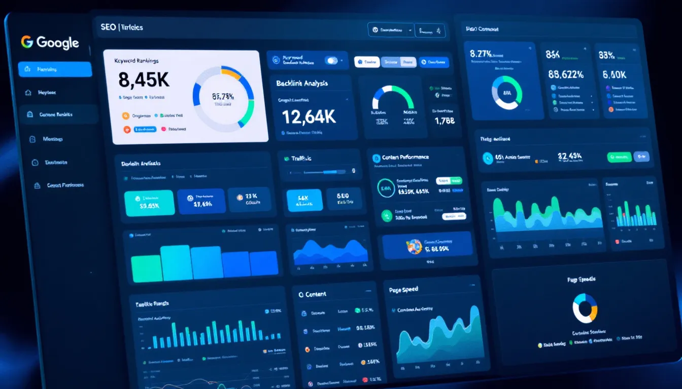 A digital dashboard displays various SEO tools and metrics, including graphs and charts that track organic search traffic, keyword research, and rankings across multiple platforms. The interface provides insights into search queries, keyword difficulty, and other strategies to optimize content for better visibility in search engines like Google.