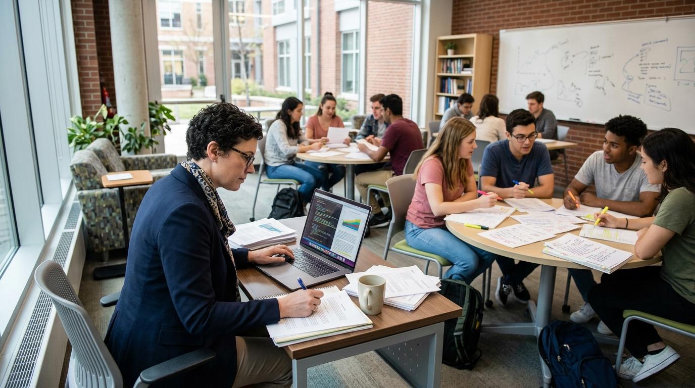 University professor reviewing essays, coding projects, reports, and case studies on a laptop while students participate in peer review of printed papers.