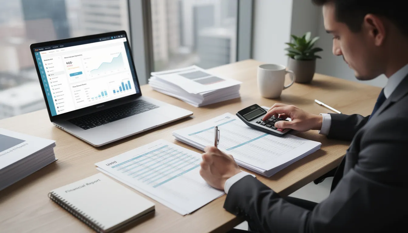 A business owner is sitting at a desk, reviewing financial documents with a calculator and a laptop, focusing on strategies to reduce taxable income and manage tax liability effectively. This scene highlights the importance of accurate record-keeping and tax planning strategies for small business owners to maximize deductions and minimize their tax burden.
