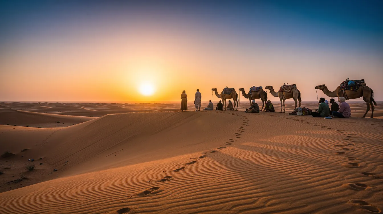 Travelers are gathered beside camels on golden sand dunes, watching the sunrise over the Sahara Desert in southern Morocco. The scene captures the serene beauty of the desert landscape, with soft light illuminating the undulating dunes, creating a peaceful atmosphere for this immersive experience.