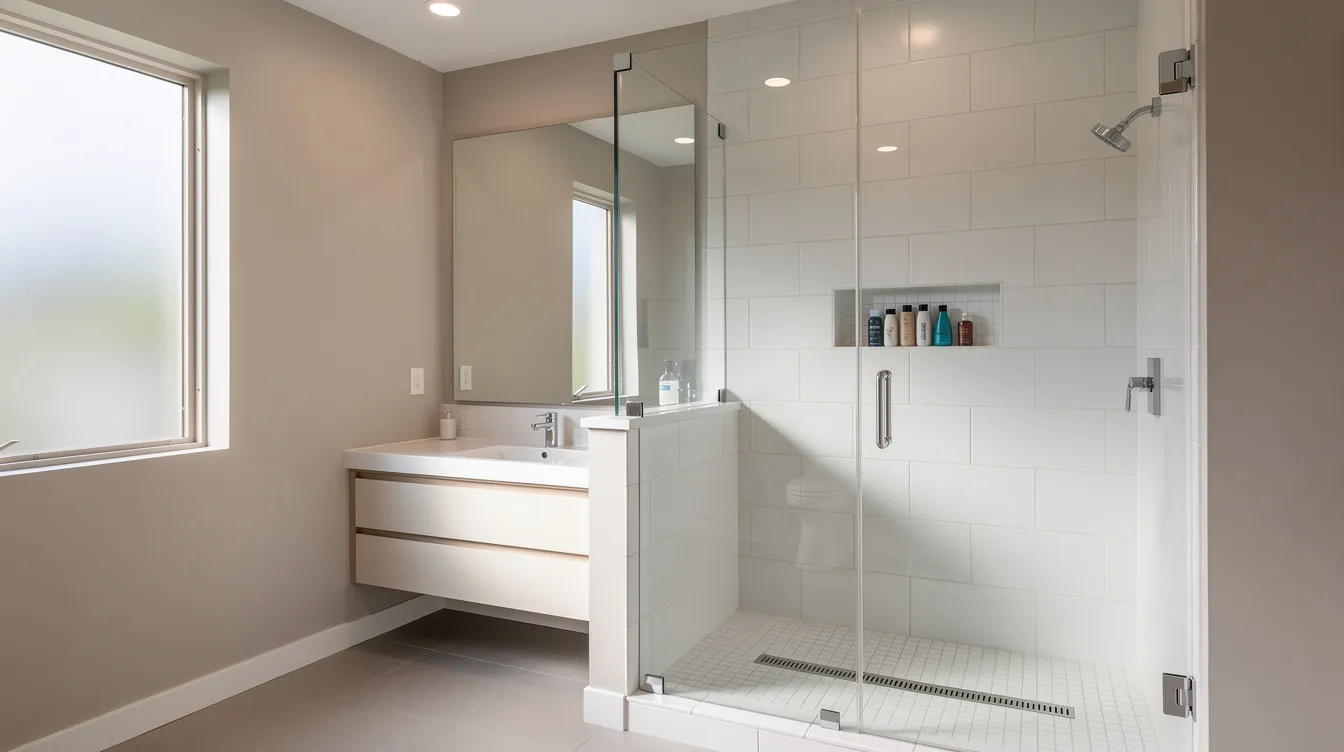 This image showcases a modern bathroom remodel featuring a sleek white tile walk-in shower with a glass door, emphasizing a clean and contemporary design. The space is well-lit with stylish light fixtures, enhancing the overall aesthetic of this renovated residential construction in Greenville.
