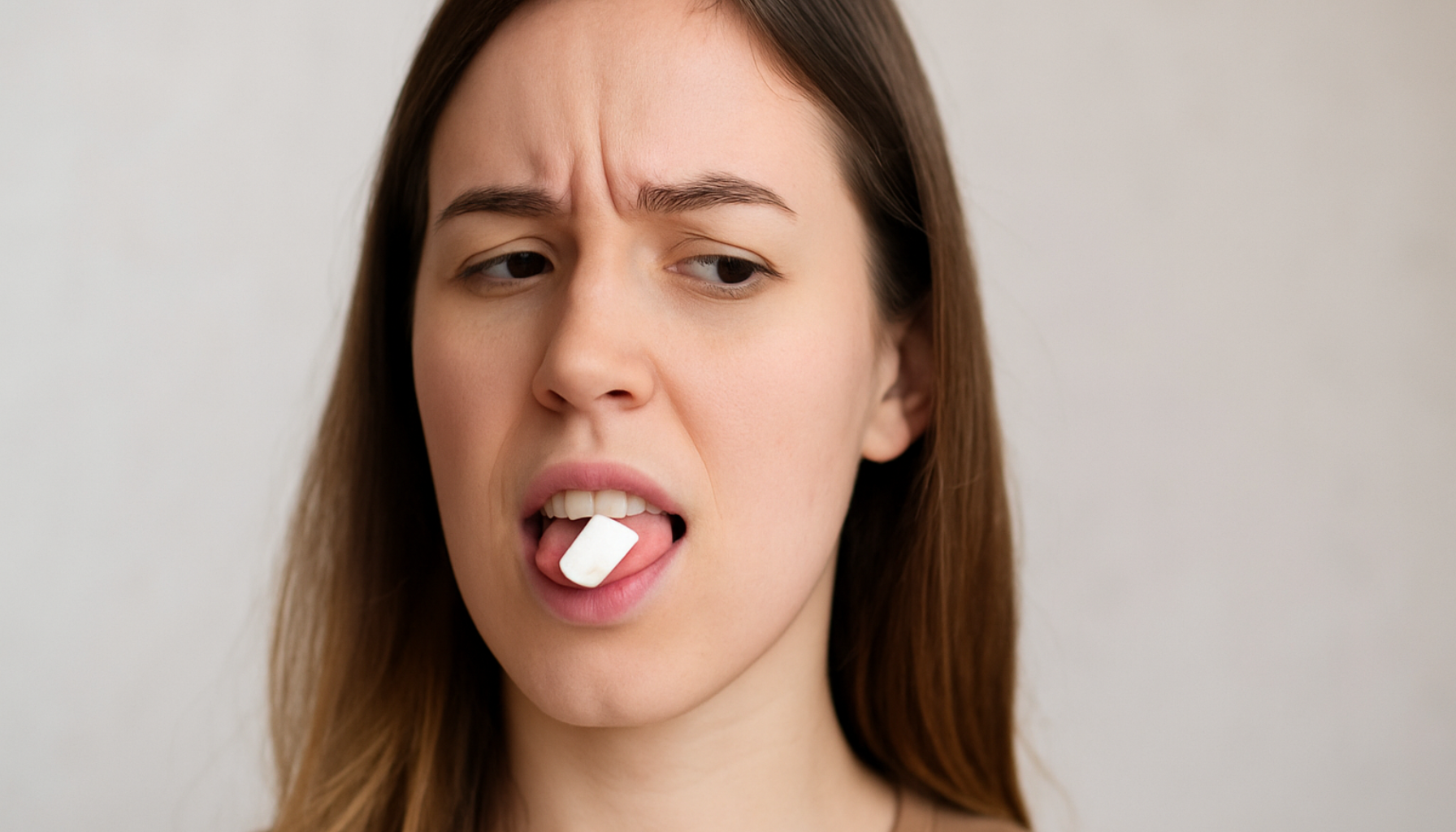 Kvinne tygger tyggegummi og ser tankefullt til siden.