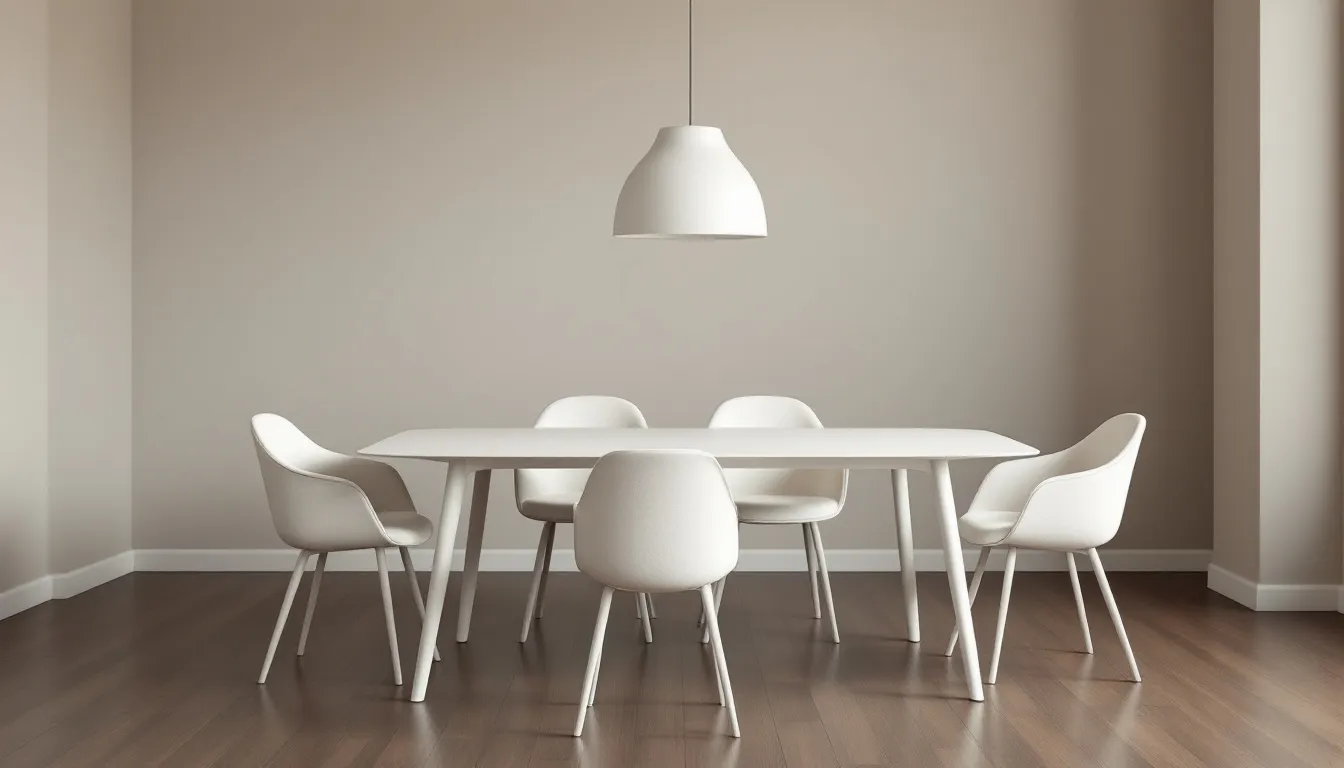 A beautifully styled dining area featuring white dining chairs.