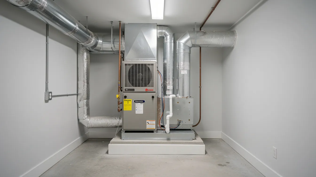 The image shows a newly installed residential HVAC air conditioning system in a clean utility closet, featuring a sleek air handler and an ac unit. The setup is organized, highlighting the new evaporator coil, which is essential for efficient cooling and maintaining desired indoor temperatures.