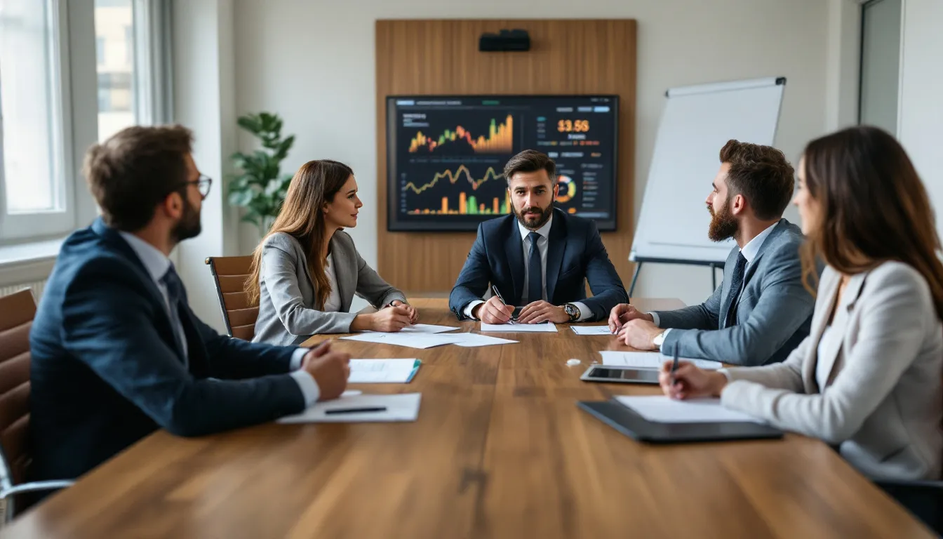 A imagem mostra uma família empresária envolvida em uma reunião de planejamento sucessório com consultores, discutindo estratégias para a avaliação de empresas e o valor econômico de seus negócios. O ambiente é profissional, com gráficos e documentos que refletem o processo de avaliação e planejamento estratégico.