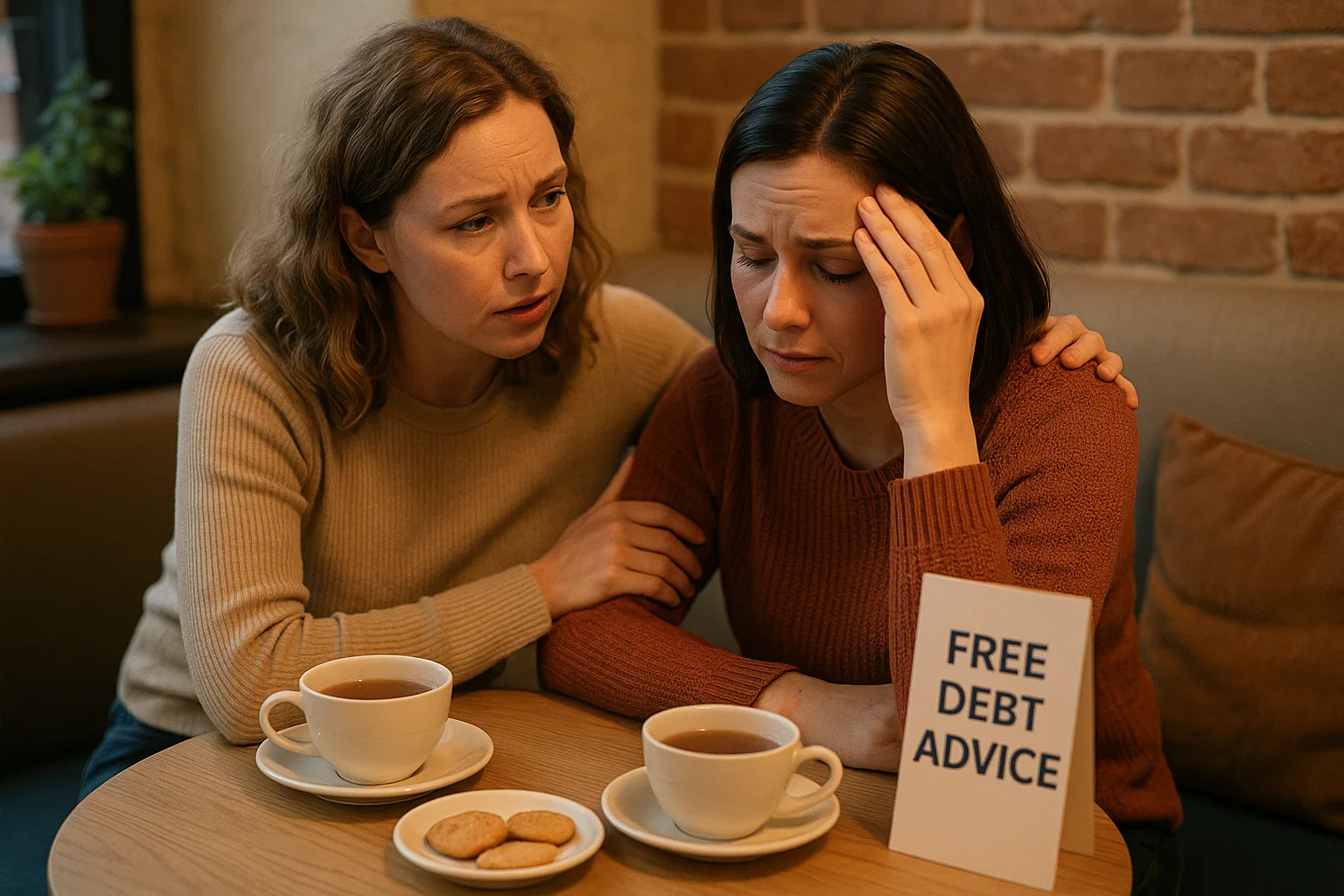 Two friends talking seriously in a café, with a leaflet on the table titled “Free Debt Advice.”