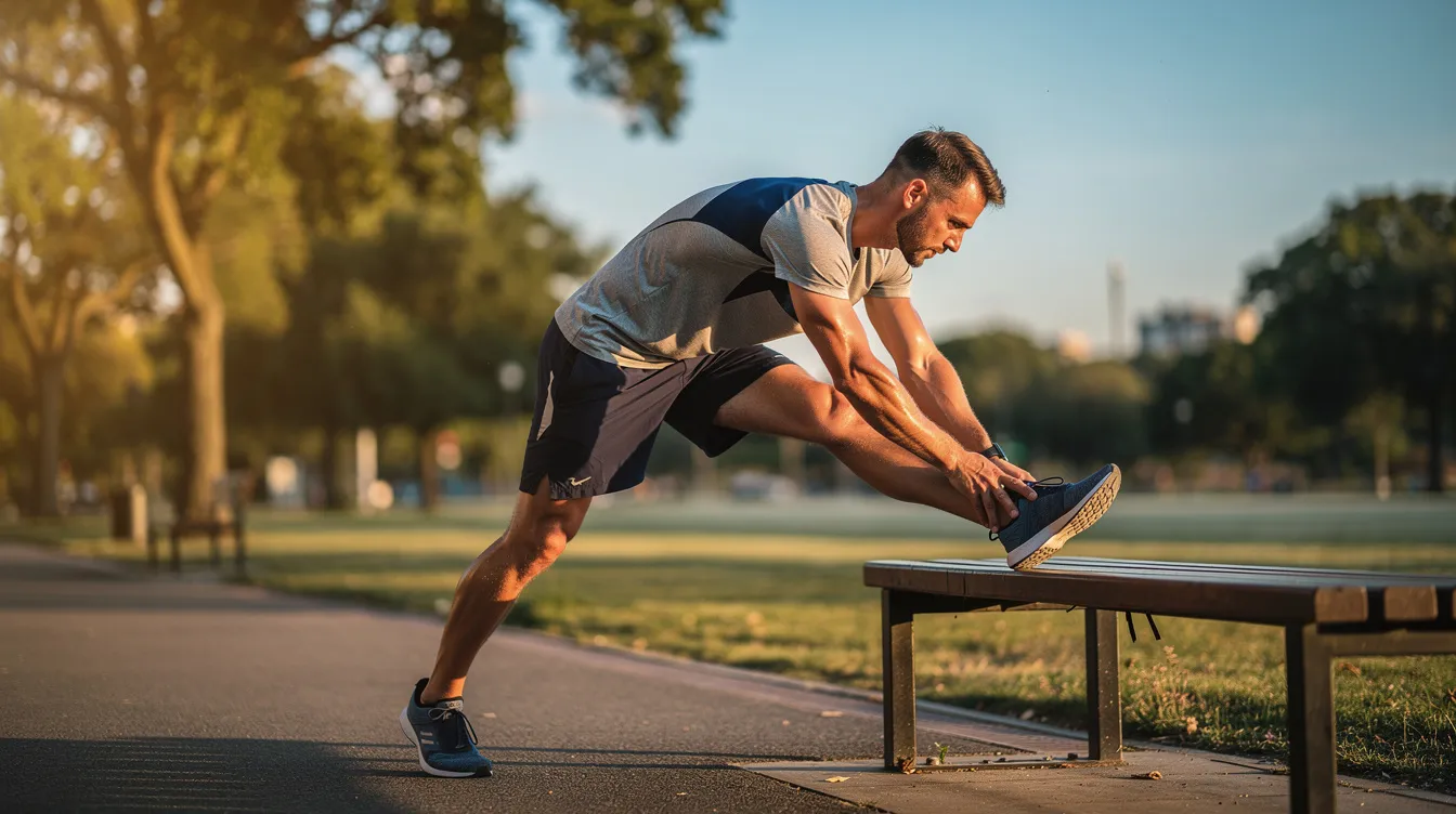 A man in his 30s is stretching outdoors during a morning workout, basking in natural sunlight, which promotes healthy energy production and enhances blood flow. This scene captures the essence of a healthy lifestyle, supporting overall physical performance and male vitality.