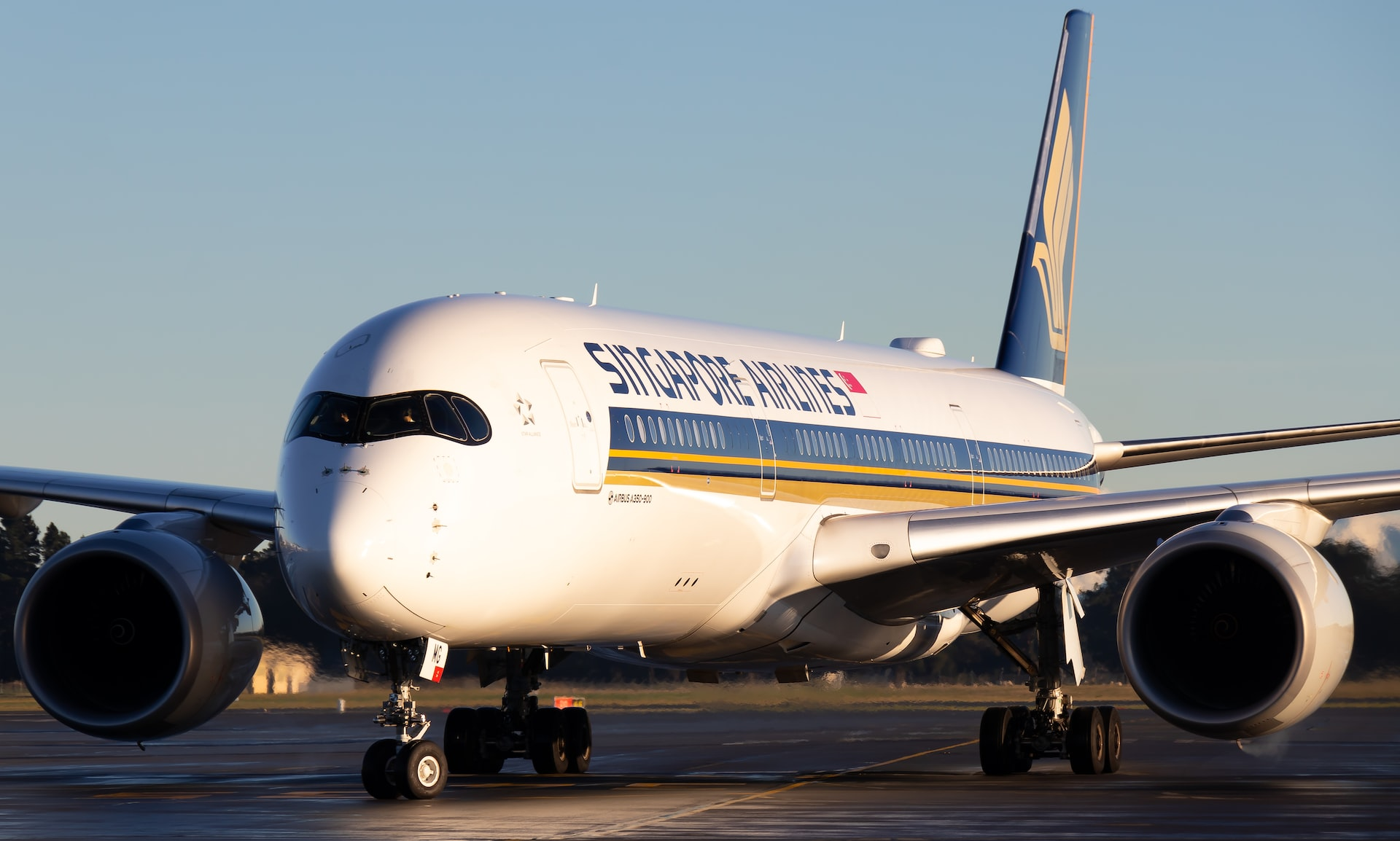 A Singapore Airlines Airbus A350 parked at an airport.