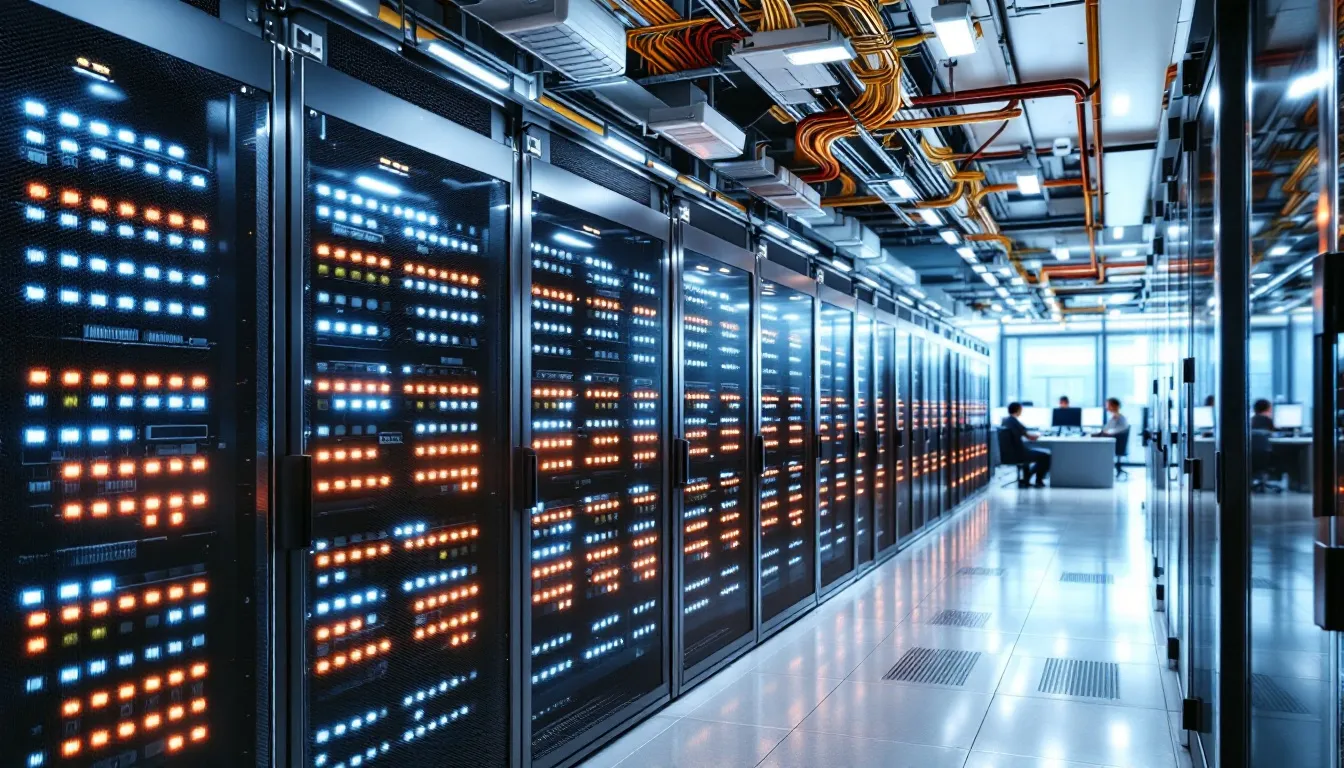In the image, a modern data center is depicted, filled with rows of servers and intricate network connections, symbolizing a robust data integration infrastructure. This environment highlights the seamless integration of various data sources and the capabilities of cloud services like Azure Data Factory and Hevo Data for efficient data movement and transformation.