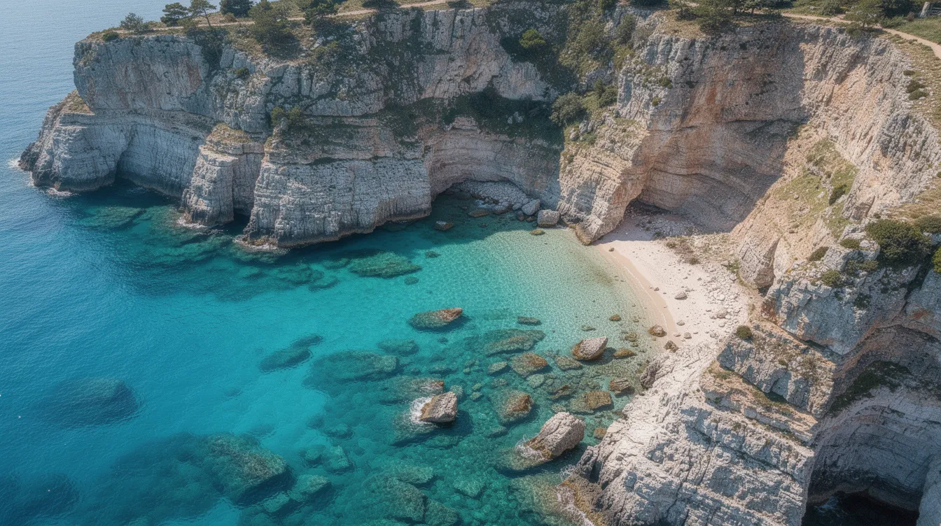Vista aérea de uma enseada isolada com águas turquesa, cercada por imponentes falésias rochosas, revelando um paraíso tropical nas Antilhas Holandesas, ideal para férias e experiências inesquecíveis. A paisagem é um convite para explorar as praias e a vida marinha da ilha de Curaçao.