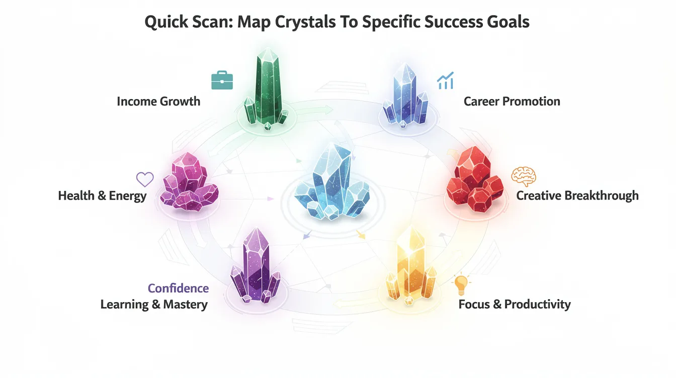 The image depicts a crystal grid featuring various gemstones like green aventurine, clear quartz, and tiger's eye, arranged to symbolize business success and financial abundance. Each crystal is strategically placed to attract prosperity, enhance positive energy, and clear energy blockages, making it a powerful tool for setting clear financial intentions and achieving success in financial matters.