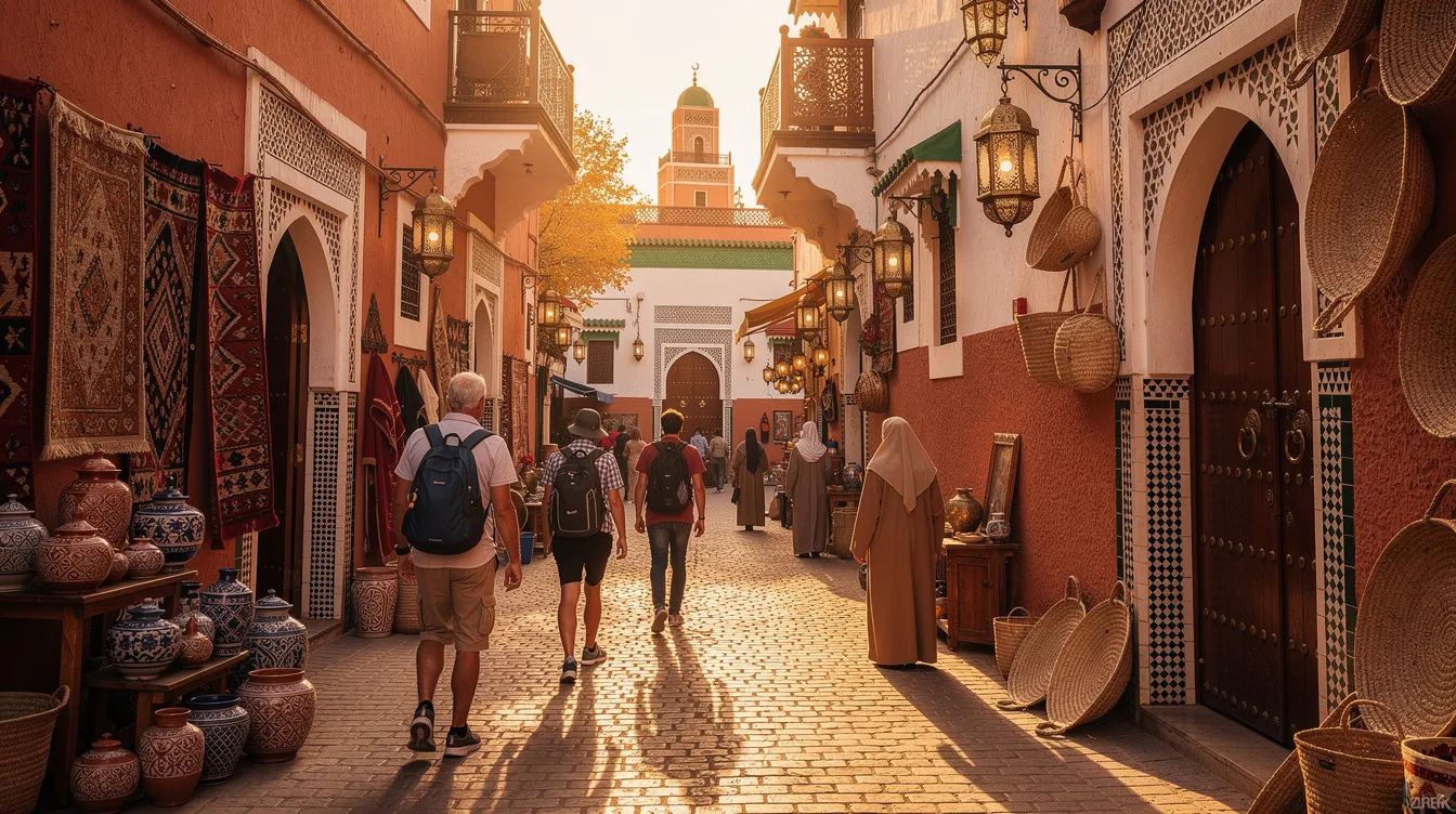 Travelers stroll through a bustling Moroccan medina under the warm autumn sun, surrounded by vibrant souks and historical architecture. The pleasant weather of Morocco in November offers comfortable daytime temperatures, perfect for exploring the rich culture and sights of the red city.