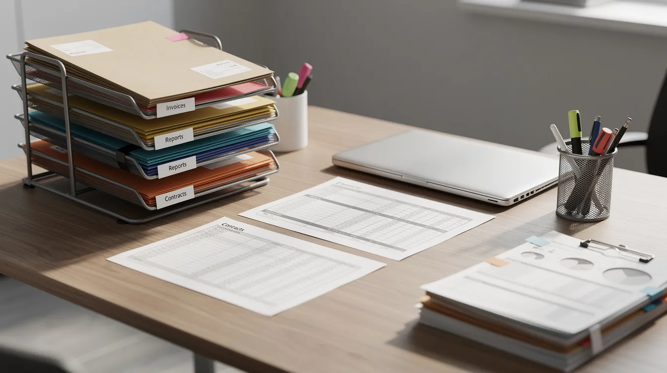 The image features a neatly organized desk with filing folders and paperwork, representing the administrative tasks involved in dental billing and insurance claims for dental practices. This setup highlights the importance of efficient practice management and operational efficiency in the dental industry.