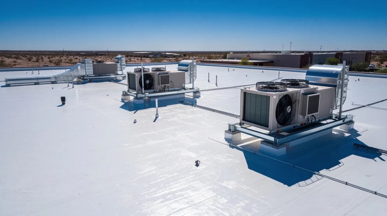 The image depicts a flat white commercial rooftop under the bright desert sun, showcasing HVAC equipment that is essential for climate control. This roof surface, likely treated with silicone roof coatings, reflects sunlight, enhancing energy efficiency and prolonging the roof life against harsh environmental elements.