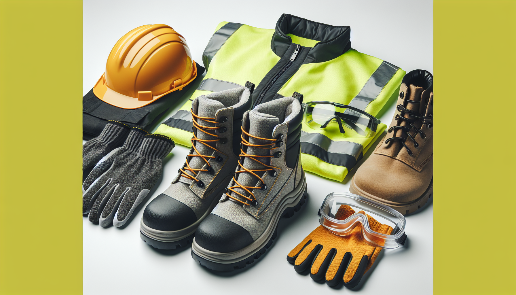 Various personal protective equipment items including safety boots and protective clothing