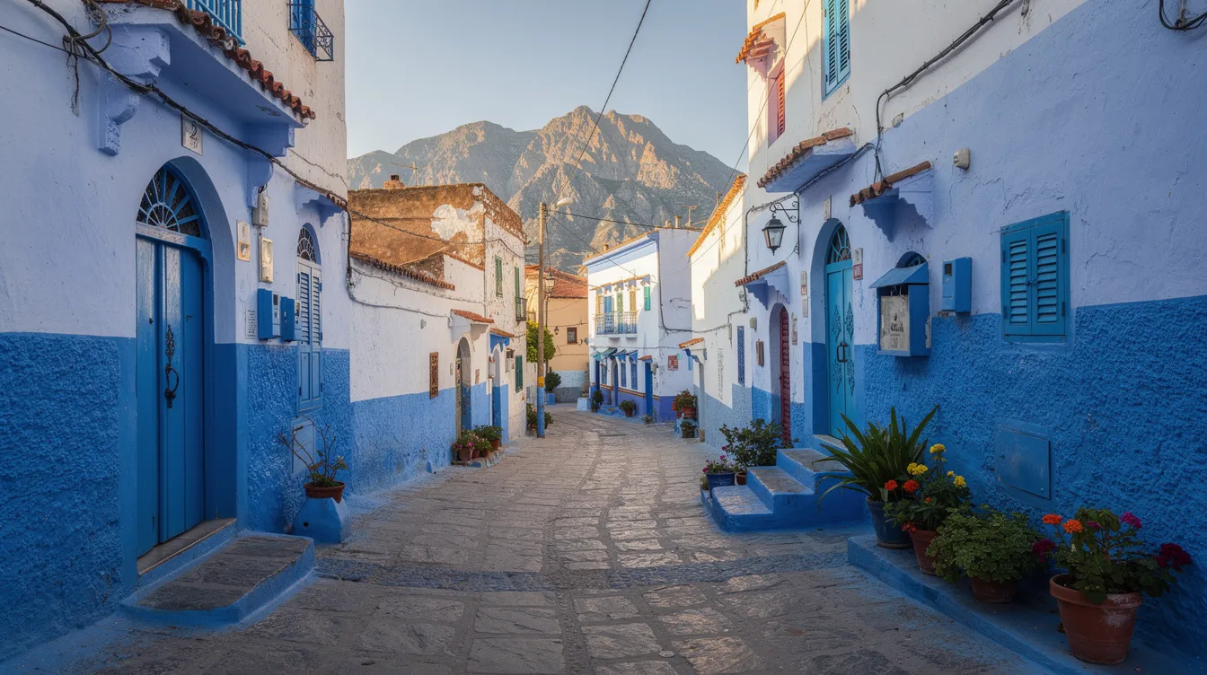 The image depicts a serene blue street in Chefchaouen, characterized by its charming cobbled paths and vibrant blue buildings, with the majestic Middle Atlas mountains visible in the distance. This enchanting city, known for its rich cultural significance, offers a tranquil atmosphere perfect for a walking tour.