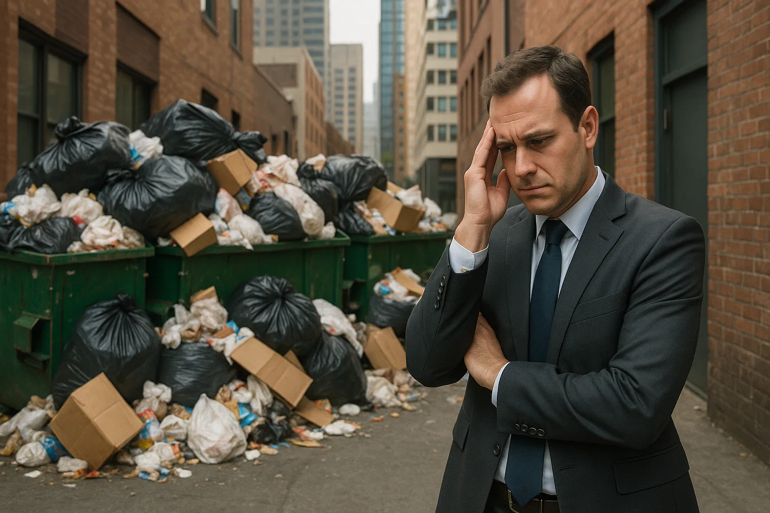 "Concerned business owner standing near overflowing bins at commercial site."