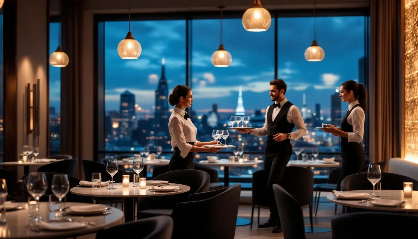 In a modern hotel restaurant, elegantly set tables create a sophisticated dining experience, while professional service staff attend to guests, ensuring high standards in food and beverage services. This setting highlights the importance of enhancing guest experience and meeting customer expectations in the competitive hospitality market.
