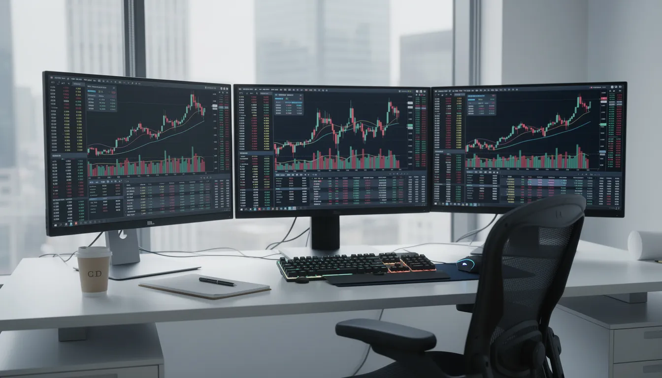 The image depicts multiple computer monitors displaying various trading charts in a professional setting, reflecting the busy environment of experienced traders analyzing market data and executing trading strategies. This setup is commonly used by traders seeking to optimize their trading experience through platforms like iux, which offers competitive trading conditions and educational resources.