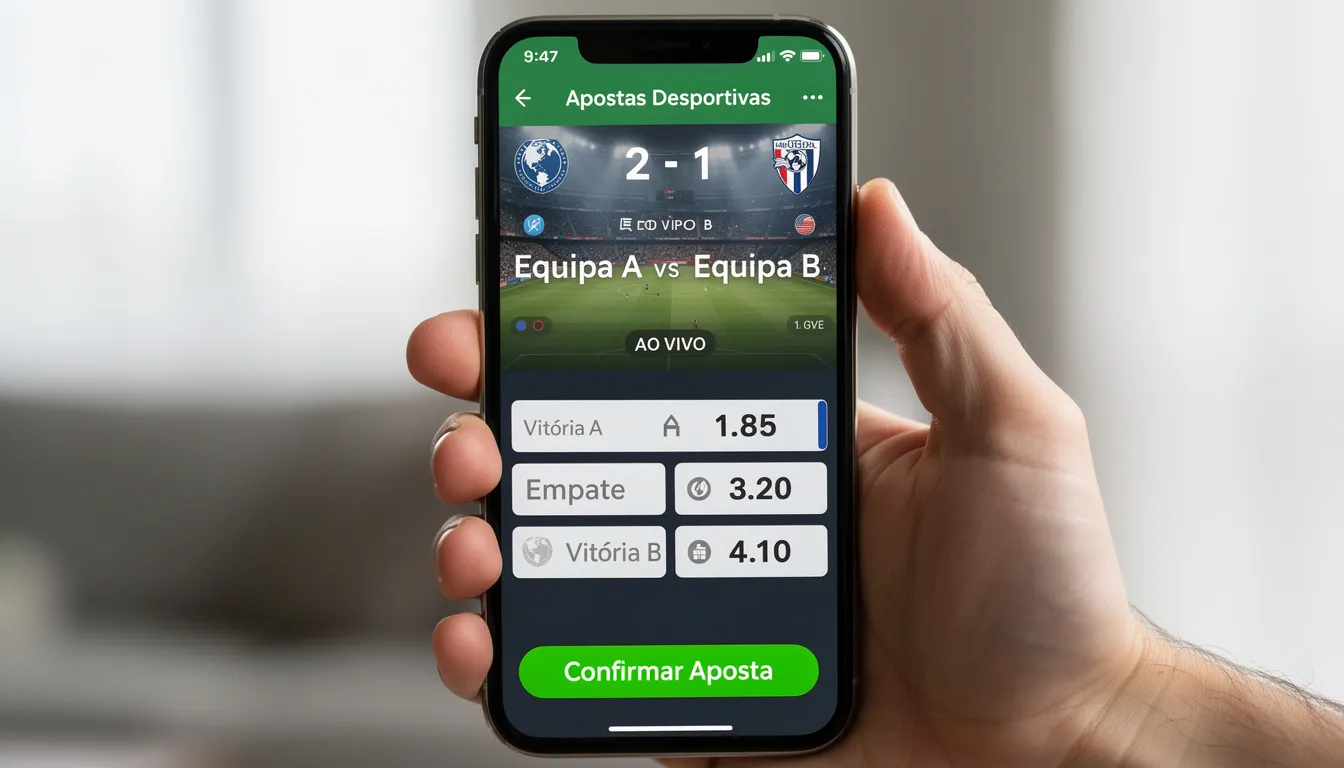 Uma mão segura um smartphone que exibe uma aplicação de apostas desportivas, com várias opções de jogos e mercados disponíveis. A imagem ilustra a facilidade de acesso às casas de apostas online, permitindo que os apostadores façam apostas em qualquer lugar e a qualquer momento.