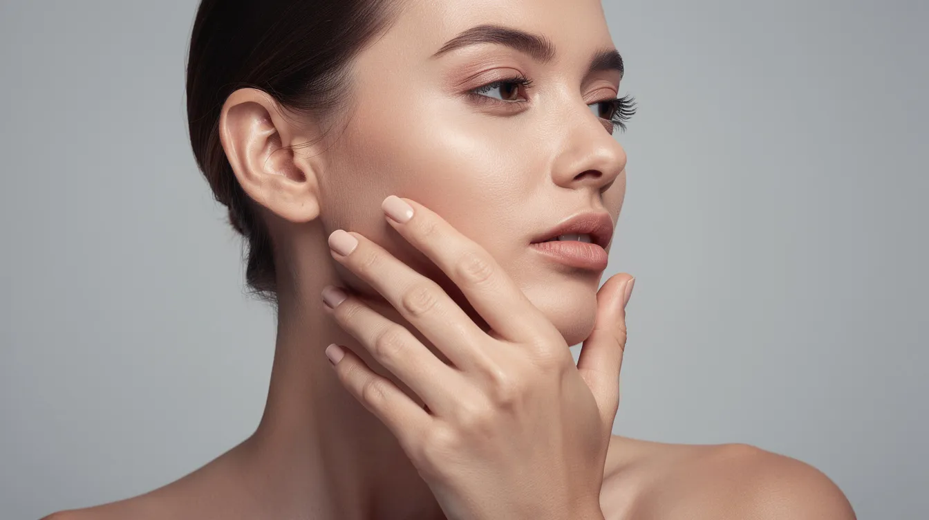 The image shows a person in profile view gently touching their jawline and chin area against a neutral background, suggesting a focus on facial aesthetics and potential concerns like double chin or excess fat. This visual may relate to discussions around cosmetic treatments such as Kybella vs chin liposuction for fat removal and achieving a more contoured jawline.