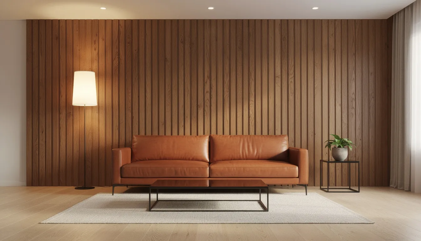 Een moderne woonkamer met warme houten wandpanelen en een stijlvolle leren bank tegen de muur, die samen een luxe uitstraling en een unieke sfeer creëren. De akoestische houten wandpanelen dragen bij aan de geluidsabsorbering en geven de ruimte een robuuste uitstraling.