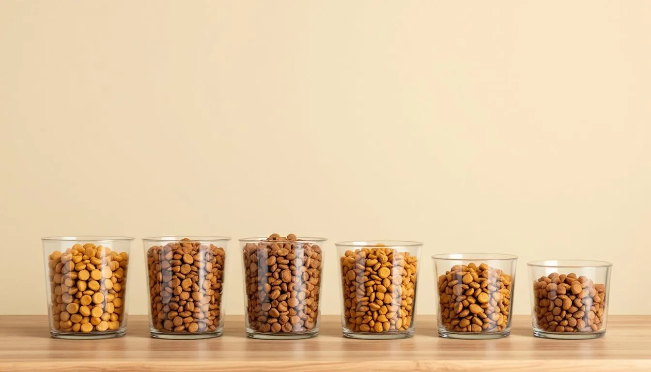 The image shows an array of measuring cups in different sizes, each filled with varying amounts of puppy food, illustrating a puppy feeding chart to help pet parents determine how much to feed their growing puppies based on their body weight and breed size. This visual guide emphasizes the importance of a balanced puppy food diet for healthy growth.