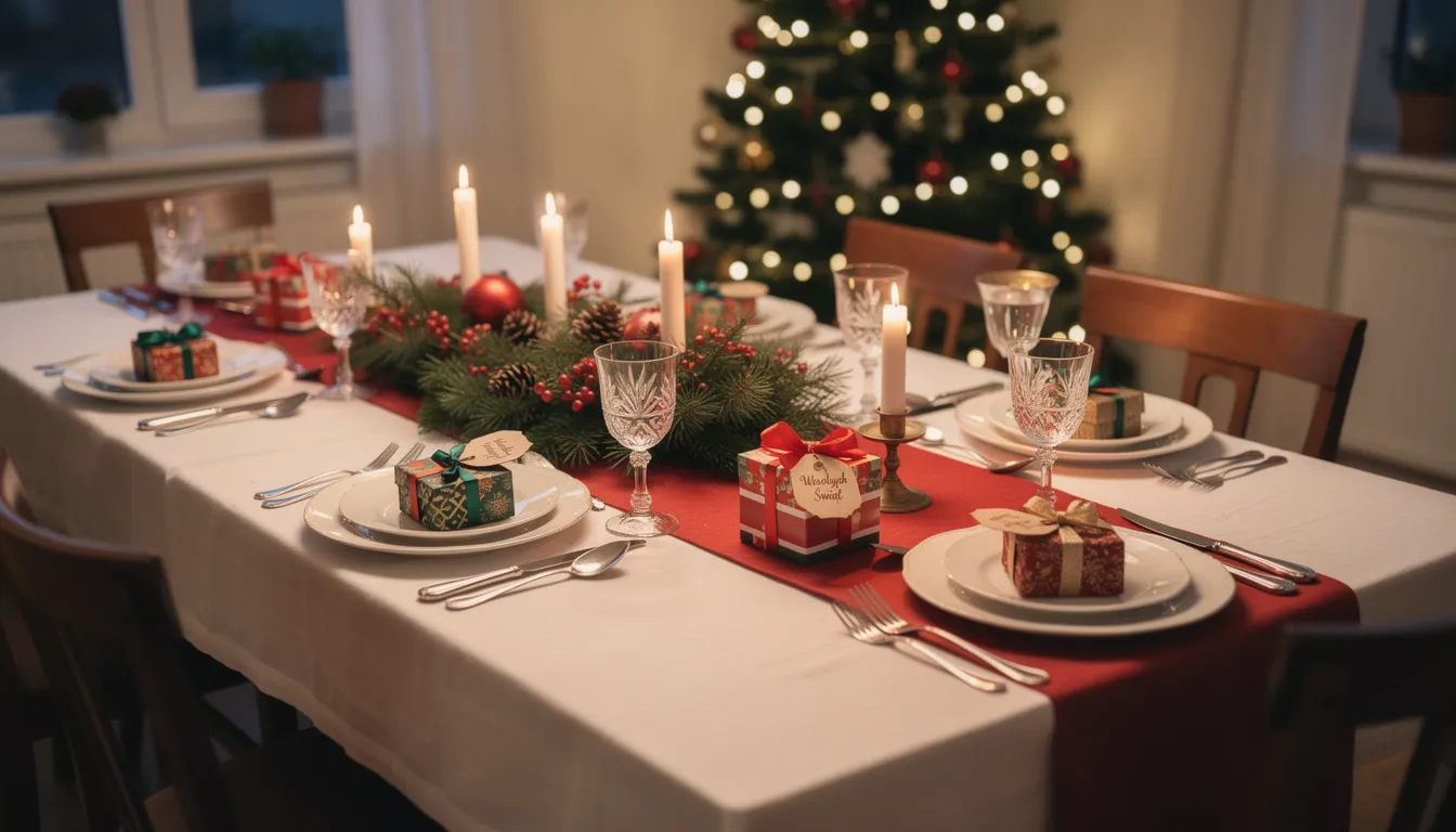 Na świątecznym stole, udekorowanym wiosennymi motywami, znajdują się talerze z drobnymi upominkami, takimi jak czekoladowe jajka i słodkie prezenty, które tworzą wyjątkowy klimat świąt wielkanocnych. Każdy talerz ozdobiony jest kolorowymi papierkami i przewiązany wstążką, co dodaje całości uroku.