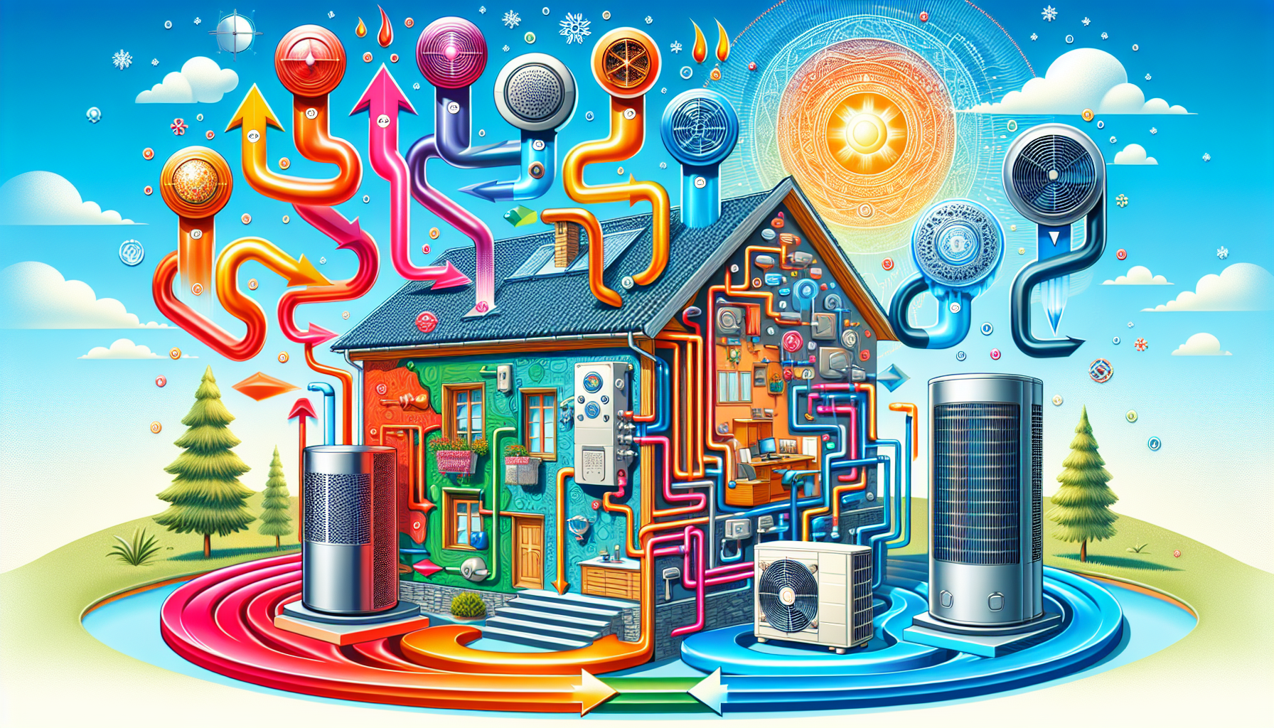 An illustration depicting various types of heat pumps including air source and geothermal.