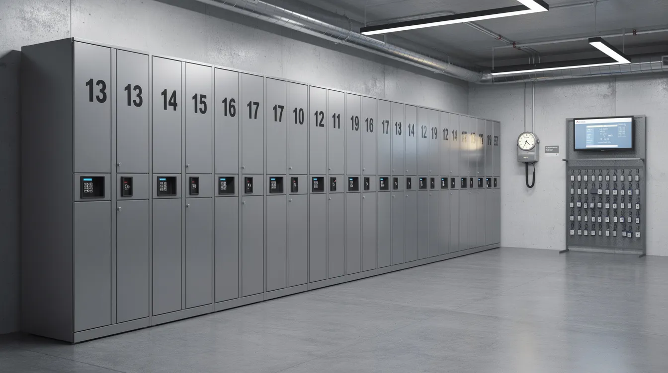 The image features a row of industrial smart lockers with numbered metal doors, strategically placed inside a warehouse near a time clock area. These smart locker solutions enhance operational efficiency by providing secure storage and asset management for shared equipment and personal belongings.