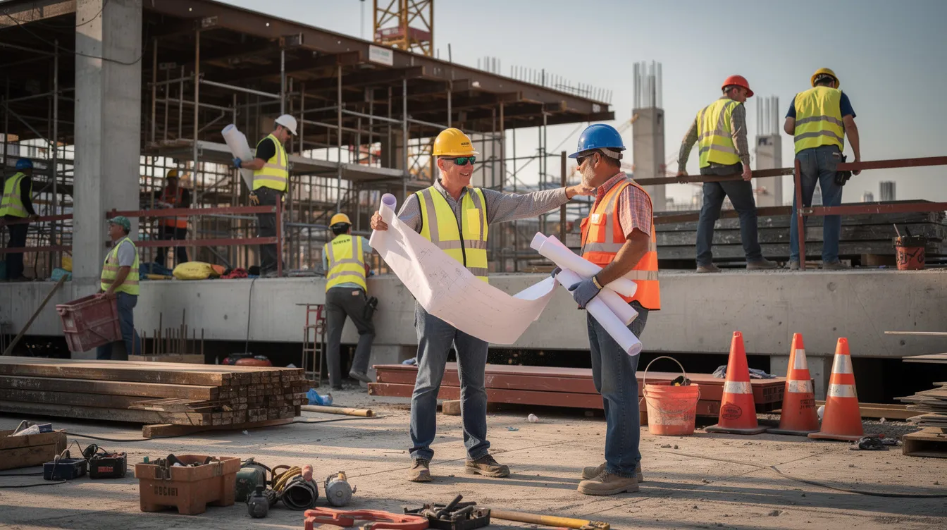 The image shows construction workers wearing hard hats on a busy job site, actively engaged in various tasks. Their presence highlights the importance of safety and the potential for workplace injuries, underscoring the need for experienced personal injury attorneys to assist in navigating legal claims related to accidents in construction environments.