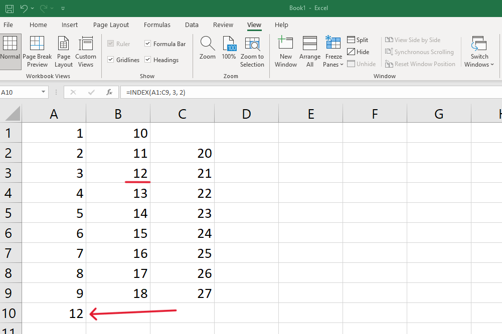 find the exact value of a cell using the index function