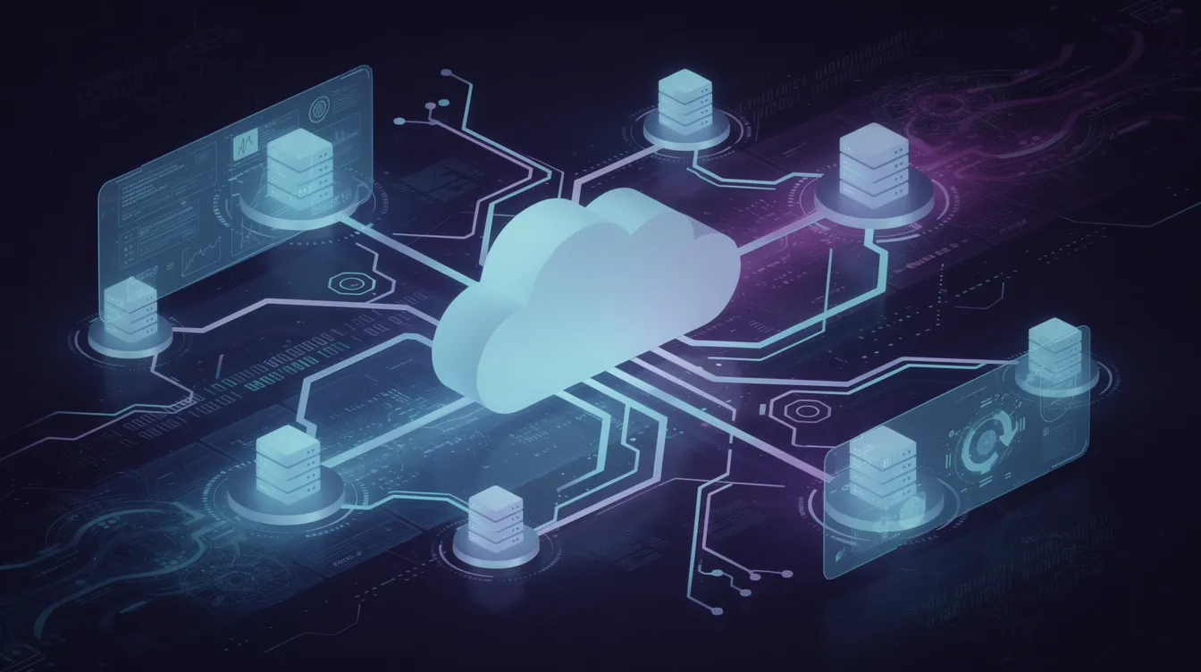 Das Bild zeigt ein modernes Konzept der Cloud-Computing-Technologie mit miteinander verbundenen Knoten und einer digitalen Netzwerkvisualisierung. Es veranschaulicht die Interaktion zwischen Webserver-Anwendungen wie Nginx und Apache, die als Reverse-Proxy und Load Balancer fungieren, um dynamische und statische Inhalte effizient bereitzustellen.