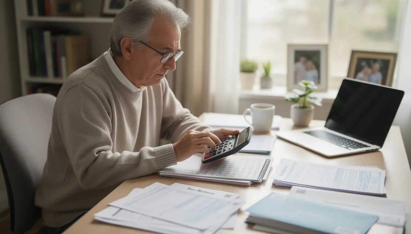 An elderly person is seated at a desk surrounded by tax documents and a calculator, likely engaged in retirement planning. The scene reflects the importance of understanding tax laws, such as modified adjusted gross income (MAGI) and the implications of Roth IRA conversions on retirement savings.