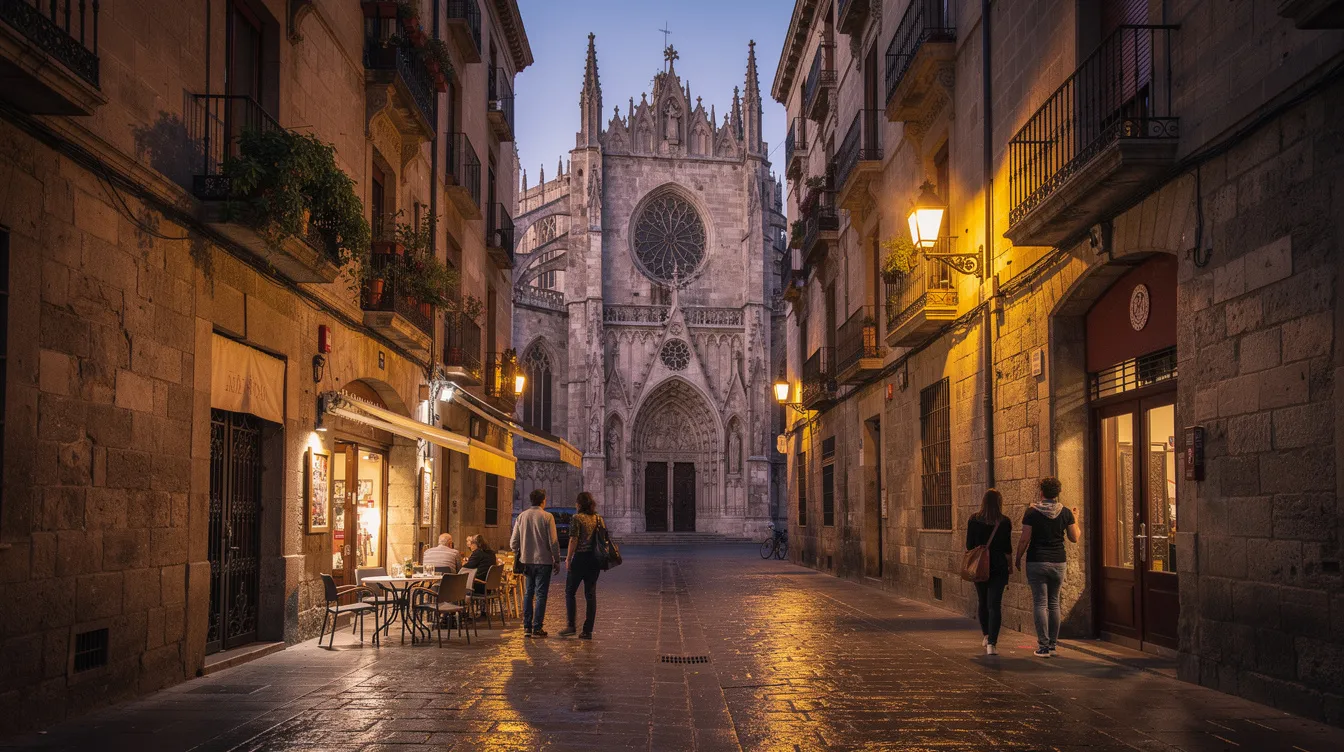 A imagem retrata o Bairro Gótico de Barcelona, com suas ruas estreitas e arquitetura histórica, incluindo a famosa Sagrada Família, obra-prima de Antoni Gaudí. Este ponto turístico é um símbolo da cidade, destacando a beleza e a riqueza do patrimônio da humanidade.