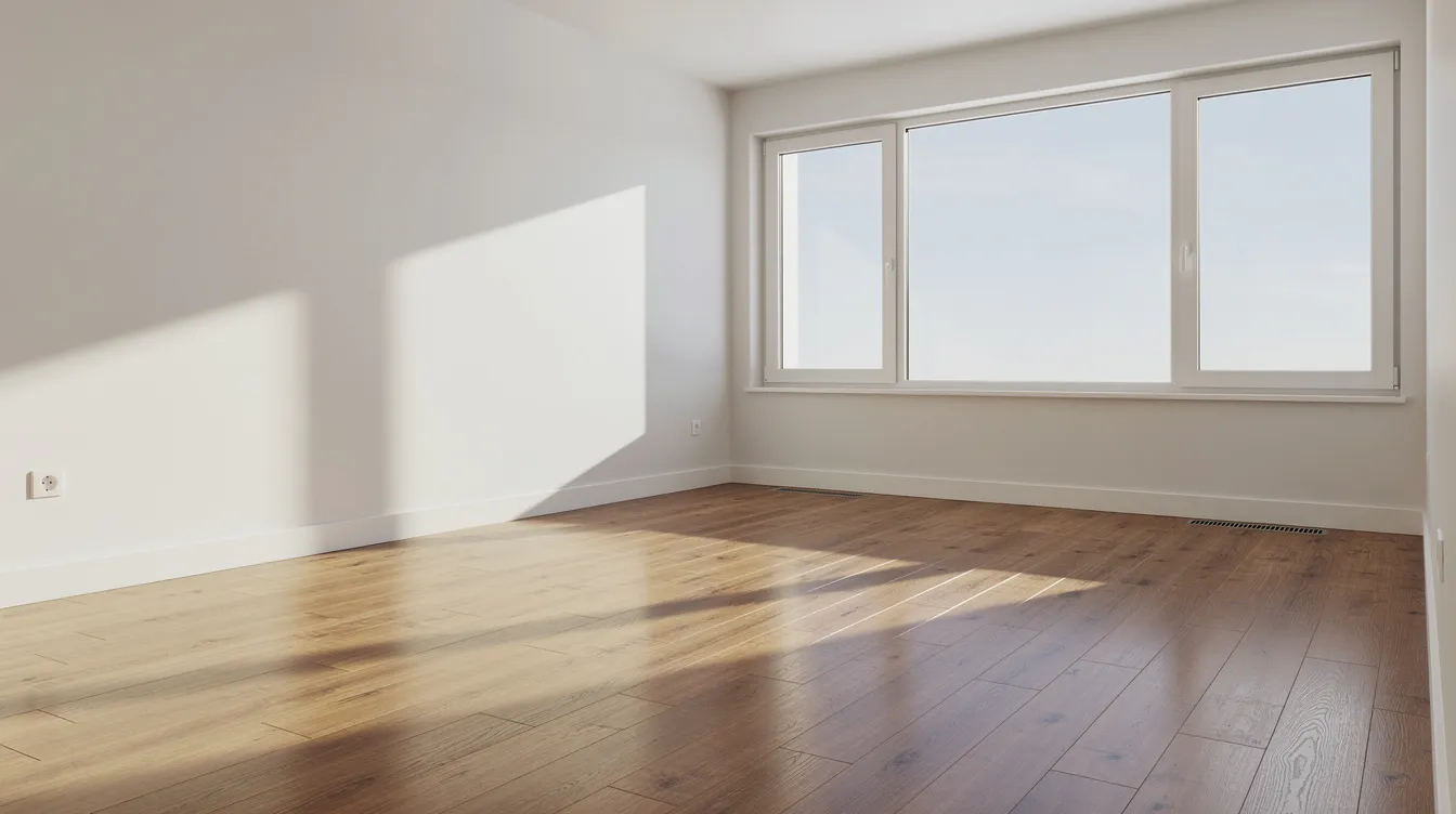 Clean empty living room with hardwood floors and bare windows after a completed estate cleanout