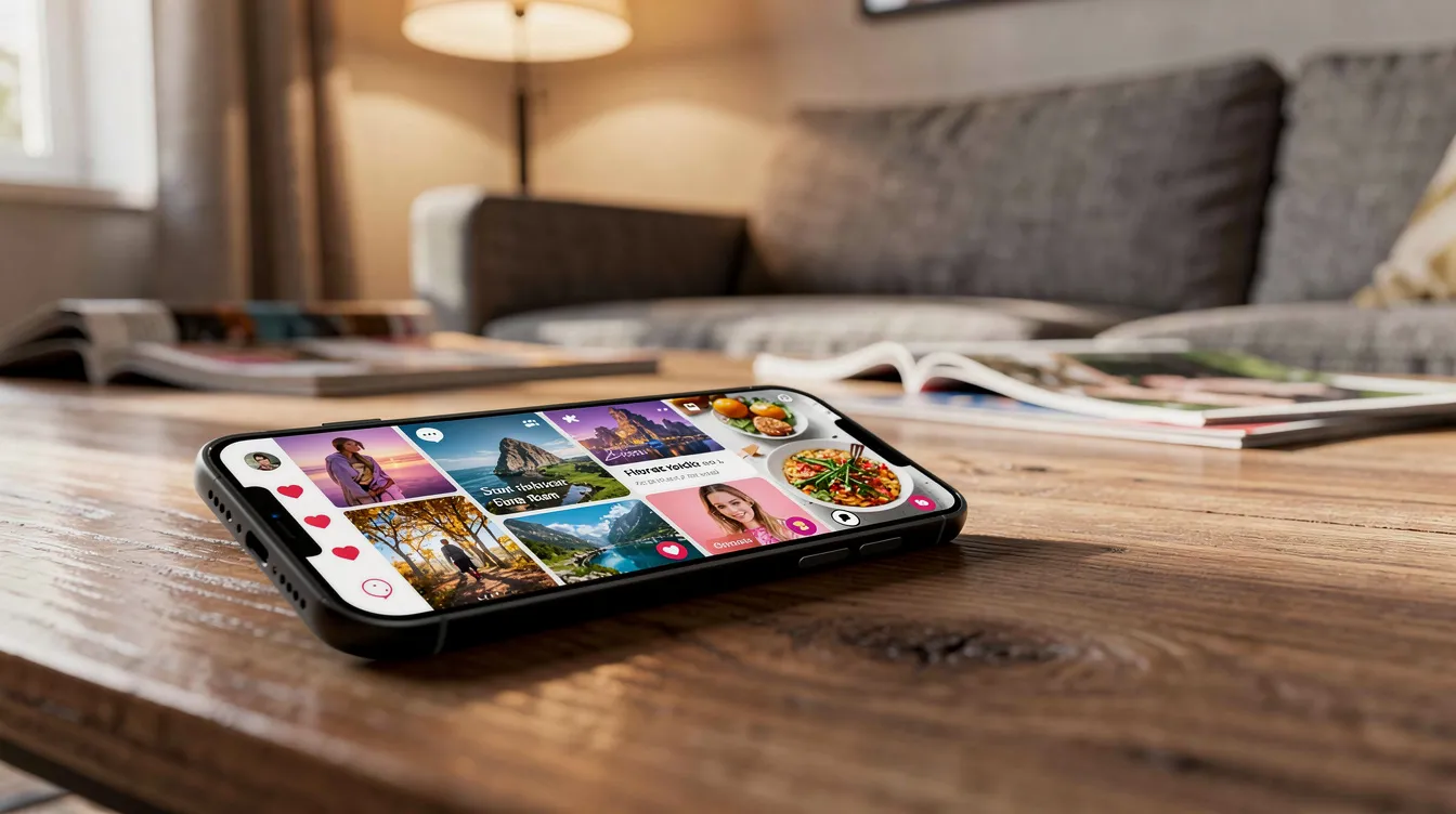 The image features a smartphone displaying a vibrant social media feed filled with colorful content thumbnails, set in a cozy home environment. This casual setting suggests a playful energy, perfect for exploring free OnlyFans pages and connecting with creators in a fun way.