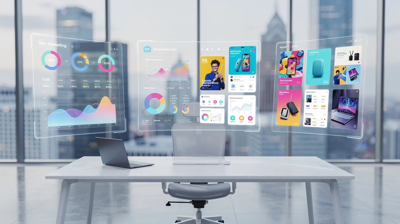 The image depicts a futuristic office workspace filled with sleek, modern furniture and holographic displays showcasing dynamic marketing analytics and creative assets. This environment emphasizes the collaboration between human creativity and AI tools, highlighting the importance of data analysis and strategic thinking in today's digital marketing landscape.