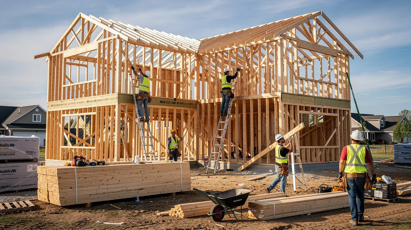 The image depicts a bustling residential construction site in Alabama, featuring workers actively engaged in building the wooden framing of a house, with stacks of building materials nearby. This scene is representative of ground-up construction projects that often attract real estate investors seeking quick funding and competitive rates from hard money lenders.