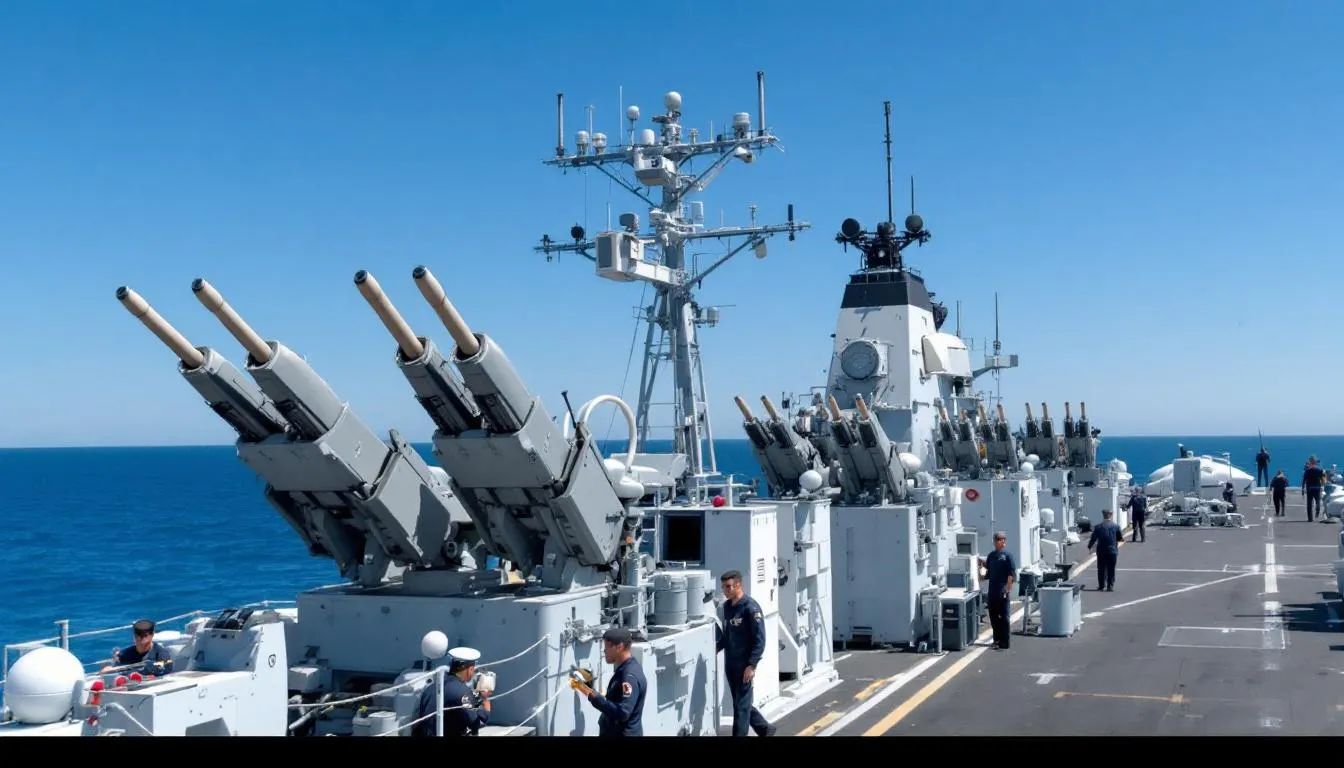 The image depicts a US military ship equipped with advanced maritime defense technologies, showcasing high-performance surveillance systems designed to monitor and protect against potential threats in real-time. This autonomous maritime surveillance solution emphasizes reliability and safety, ensuring the mission's success while tracking objects in the surrounding waters. forest