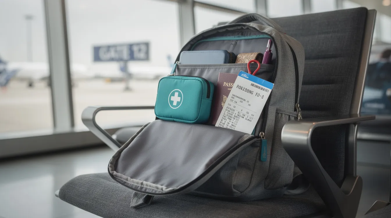 A compact first aid kit is tucked inside a carry-on backpack next to a passport and boarding pass, ready for medical emergencies during international travel. The well-stocked kit contains essential medical supplies like bandages and antiseptic wipes, ensuring travelers are prepared for any injuries on their trip.