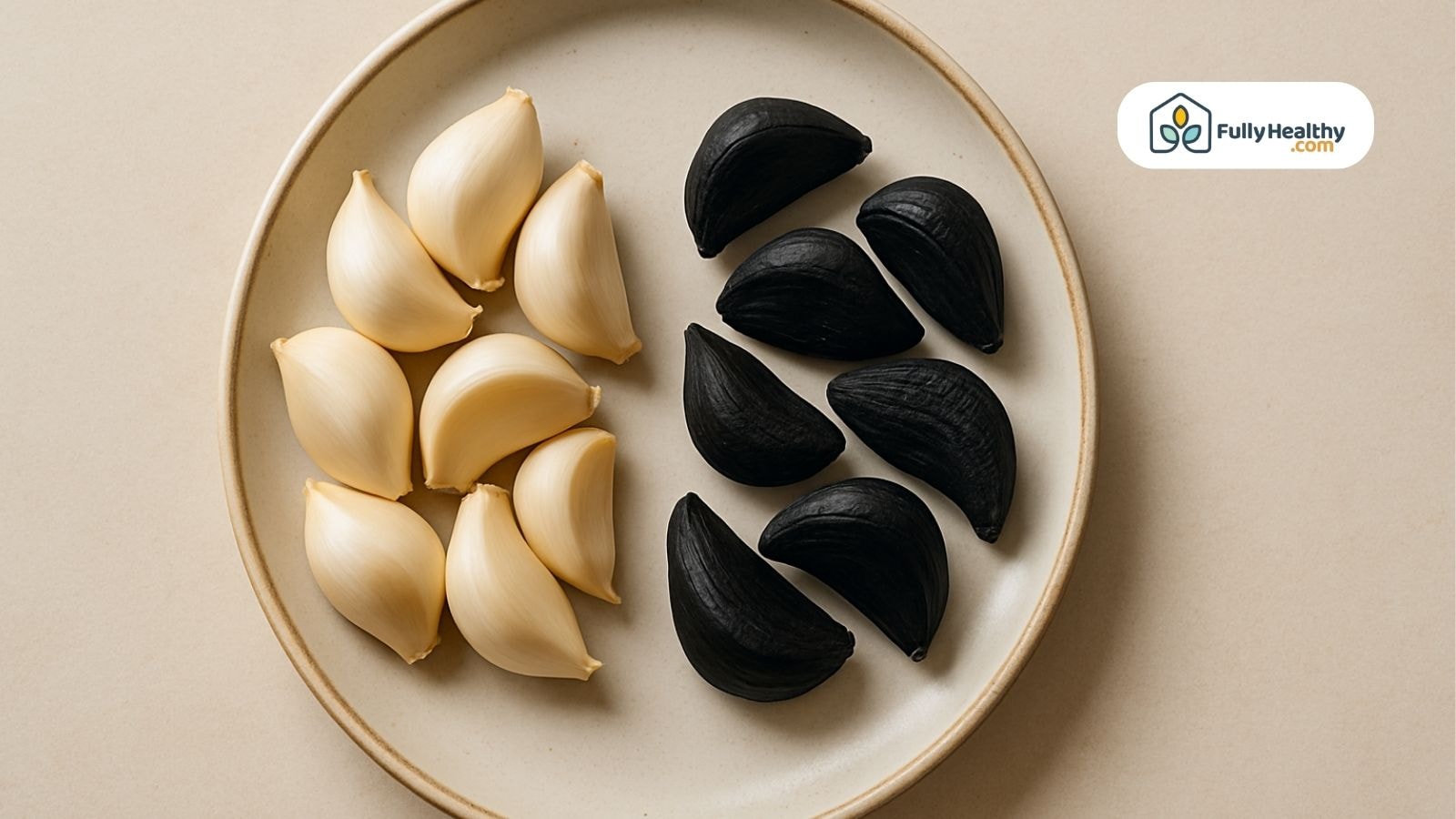 Side-by-side comparison of fresh garlic cloves and black garlic cloves
