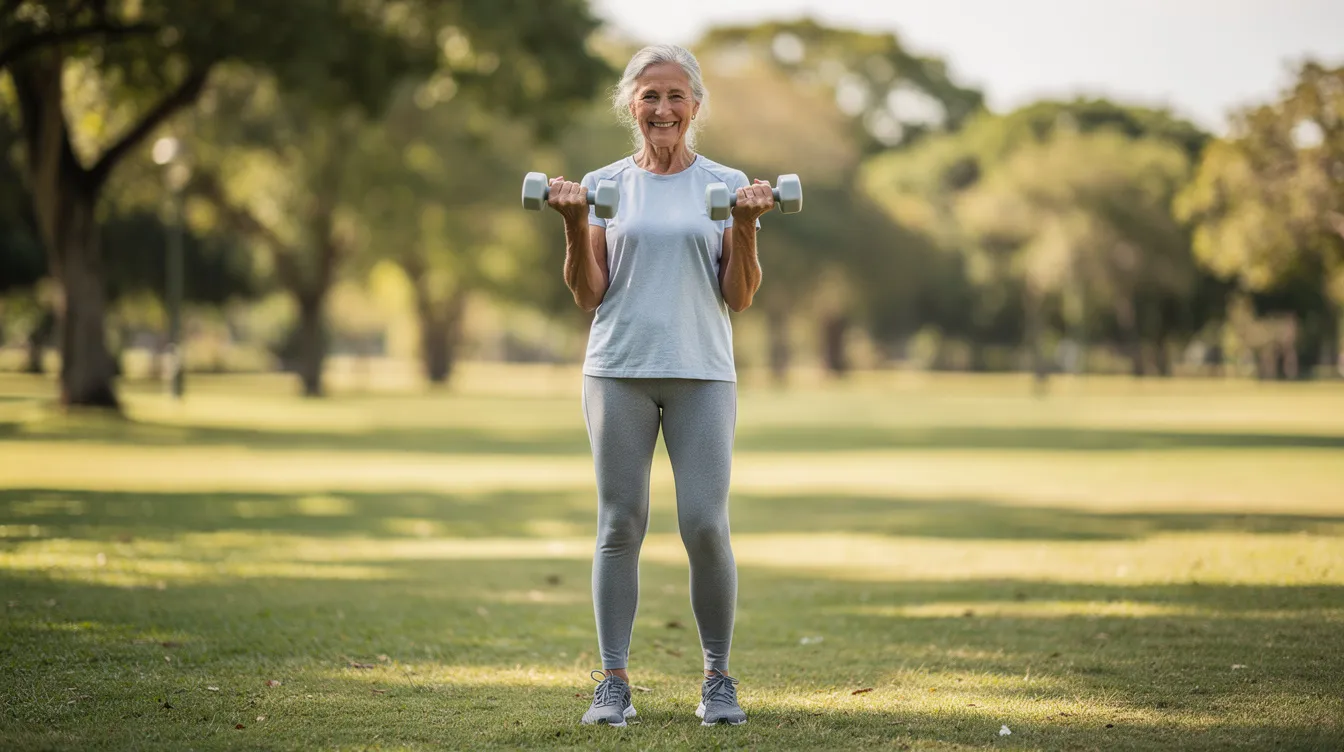 An older woman is smiling confidently while holding a pair of dumbbells in a park, showcasing her commitment to regular physical activity and promoting a healthy lifestyle. This image highlights the positive effects of exercise on muscle tissue and overall well-being, especially in older adults.
