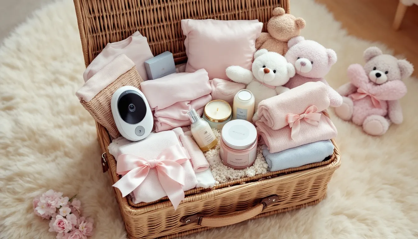 A luxurious DIY baby hamper is beautifully presented in a large woven basket, featuring essential items like a baby monitor, soft toys, baby clothes, and pampering products for mom, along with practical items such as diapers and lotions. This thoughtful gift basket is perfect for celebrating new life and is ideal for parents-to-be at a baby shower.