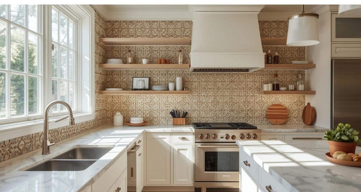 Kitchen with beautiful patterned encaustic tiles as an accent wall