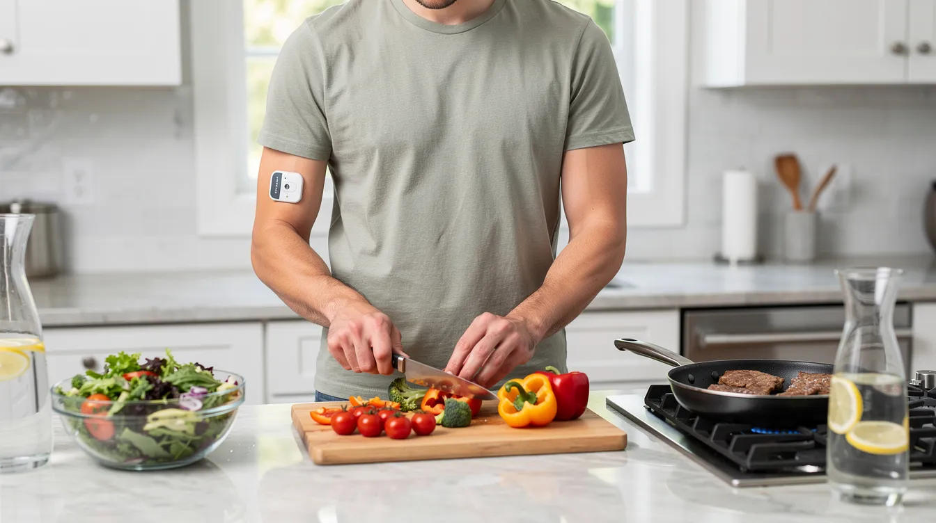 A person is wearing a continuous glucose monitor (CGM) sensor on their upper arm while preparing a healthy meal in a modern kitchen, highlighting the importance of monitoring blood glucose levels for optimal health and metabolic control. The scene emphasizes a lifestyle choice focused on minimizing glucose spikes and promoting overall well-being through nutritious food intake.