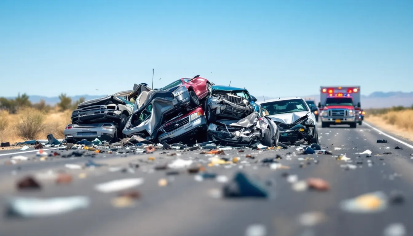 A chaotic scene depicts a truck pile-up in New Mexico, with several passenger vehicles and a fully loaded tractor trailer involved in the accident. In the background, emergency responders, including an ambulance and police vehicles, are present, but no people are visible at the accident scene.